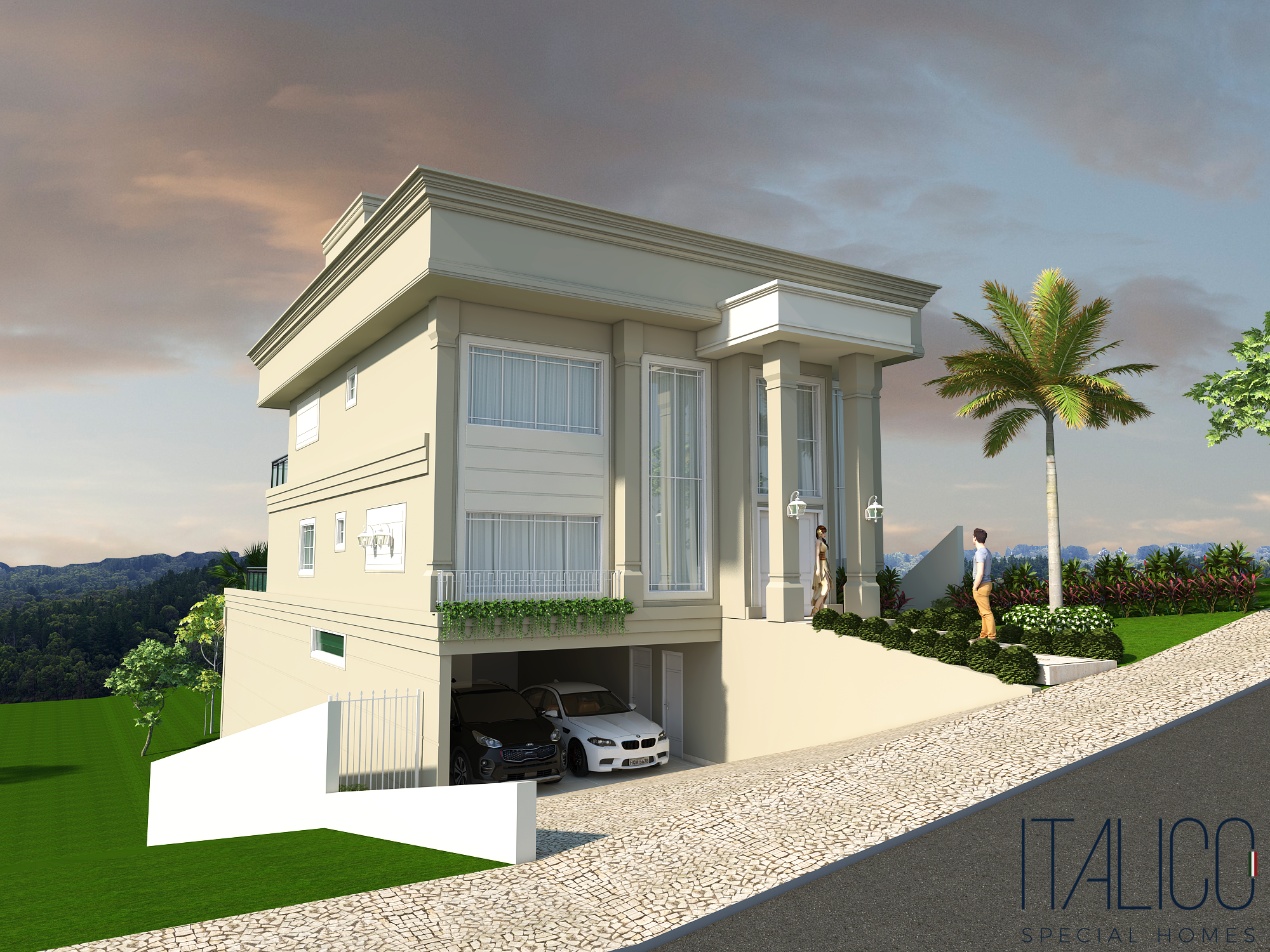 Casa sobrado de terreno declive de 14x35  Estilo Neoclássico Italico em Condomínio Gênesis, Santana do Parnaíba