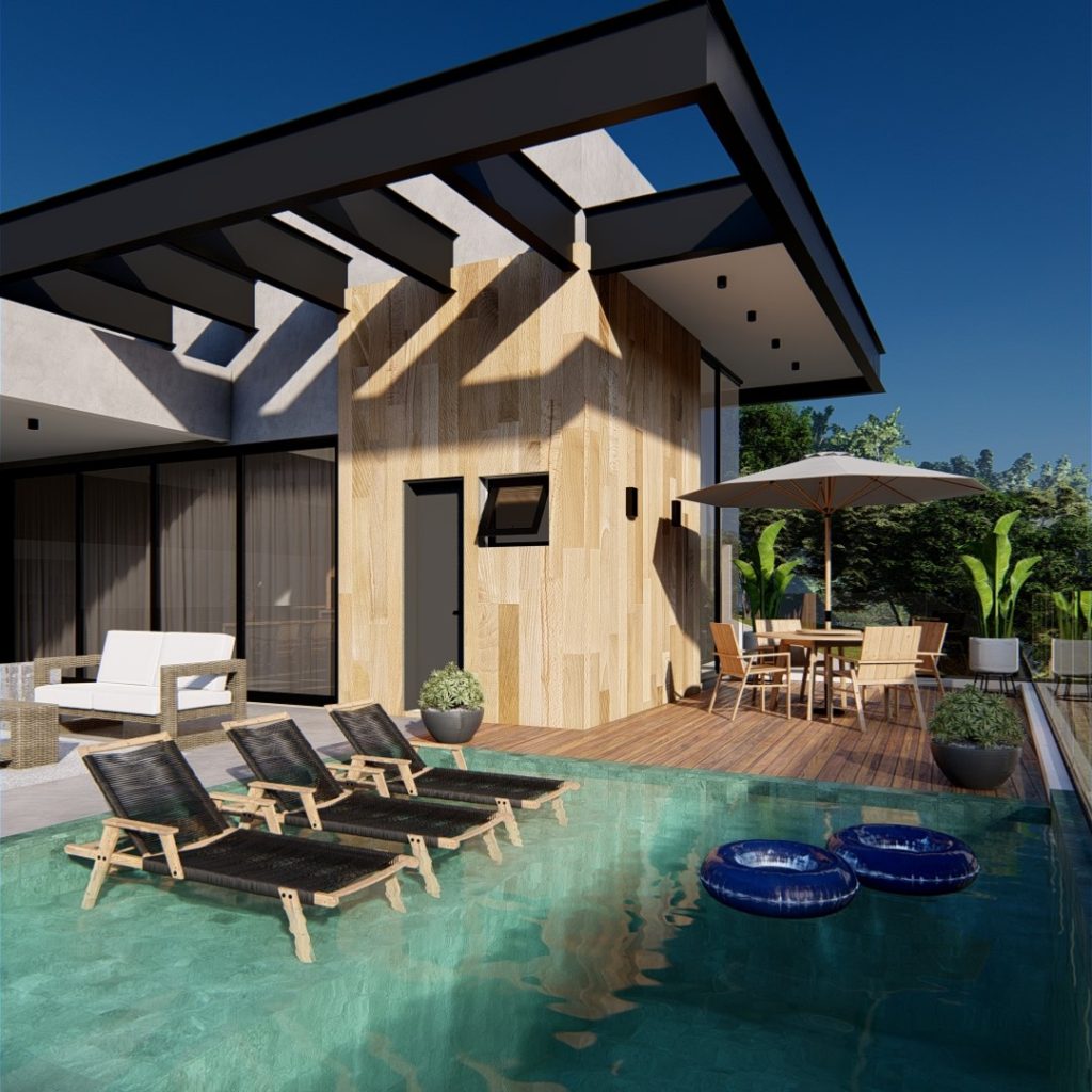 Casa Estilo Contemporânea em terreno aclive com piscina na frente