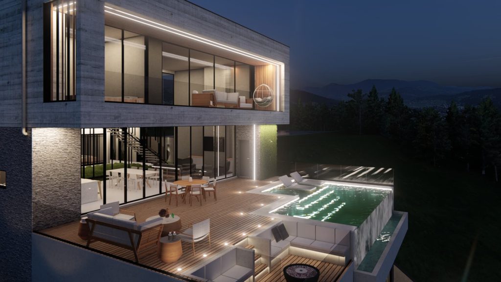 Sobrado Estilo Minimalista com subsolo em terreno declive com aproveitamento nos fundos de 600m em Condomínio Arts Atibaia
