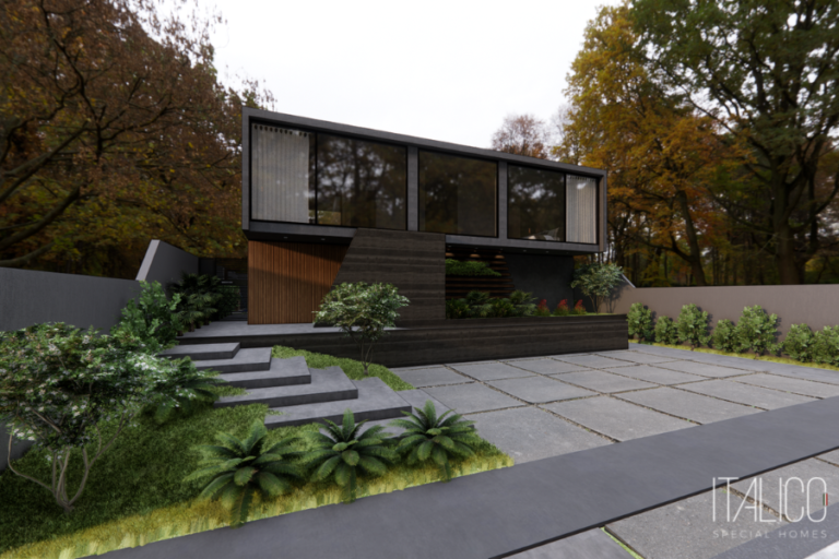 Residência minimalista com janelas pretas terreno 500m² Condomínio Tiê