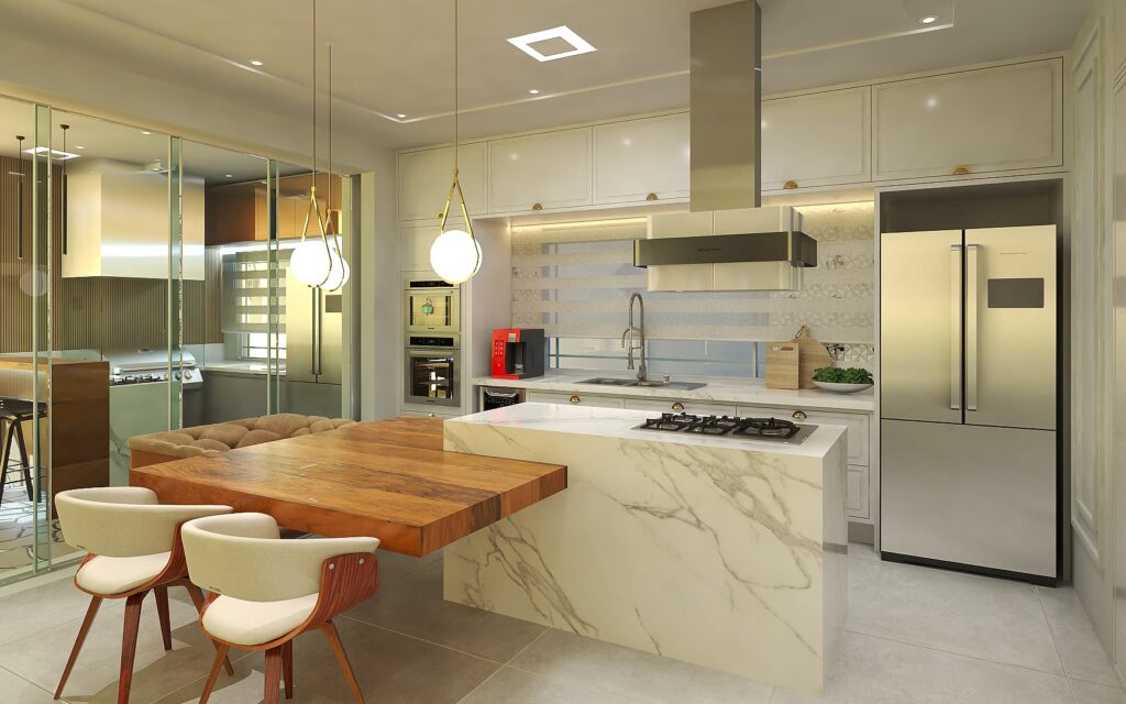 Bancada de Mármore e Luminárias Douradas em uma Cozinha Neoclássica