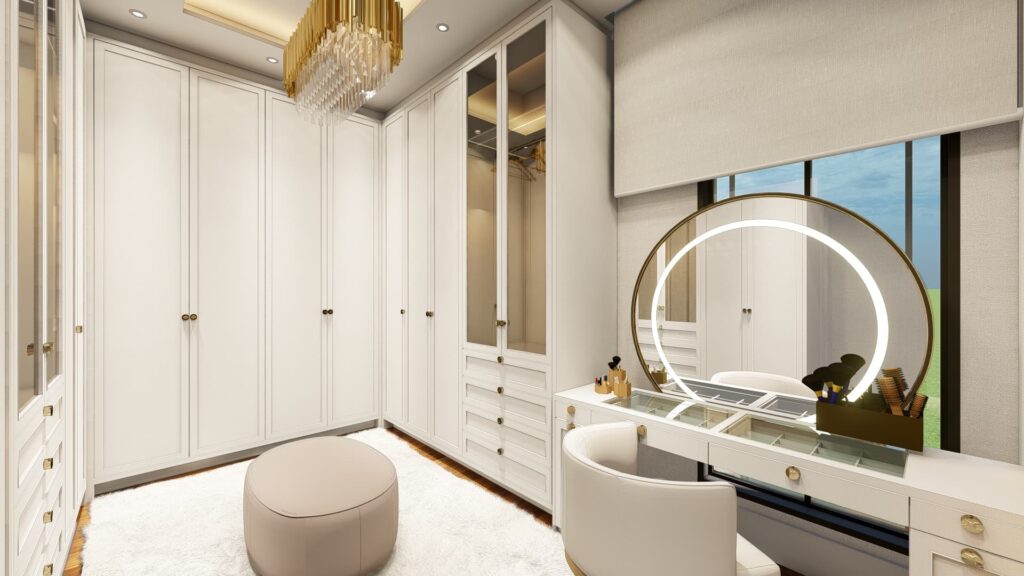 Closet com Armários Brancos e Decoração Clássica