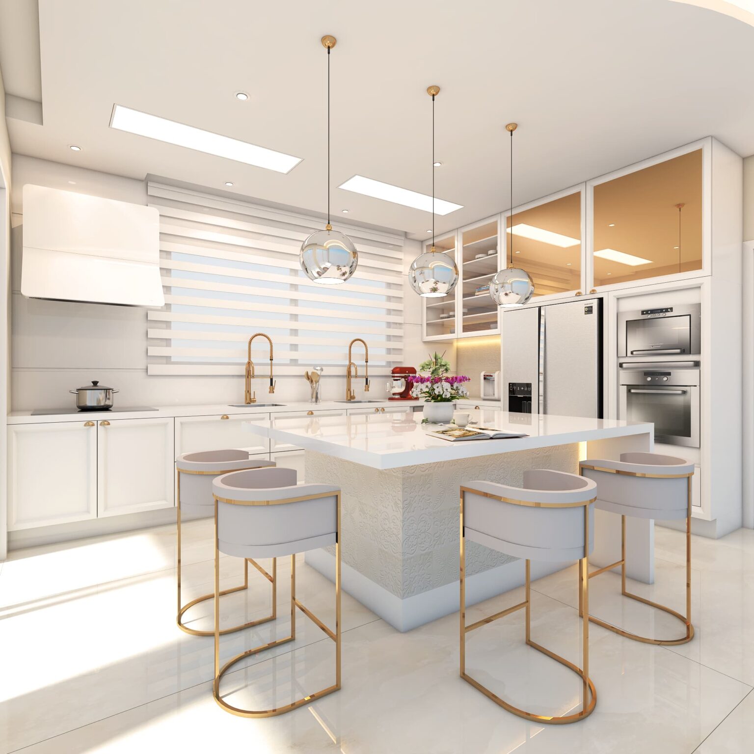 Cozinha Clássica com Bancada de Mármore Branco e Ilha Central - Italico ...