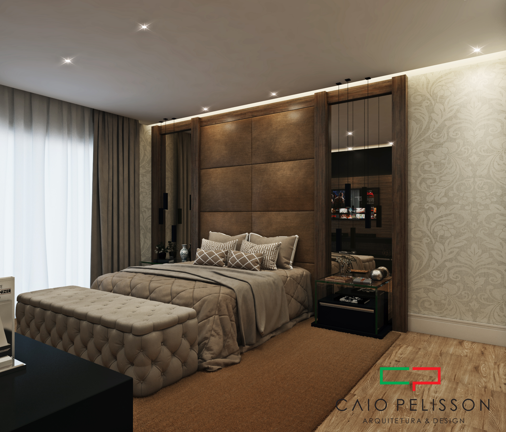 Suíte Elegante com Cortinas Pesadas e Papel de Parede Adamascado