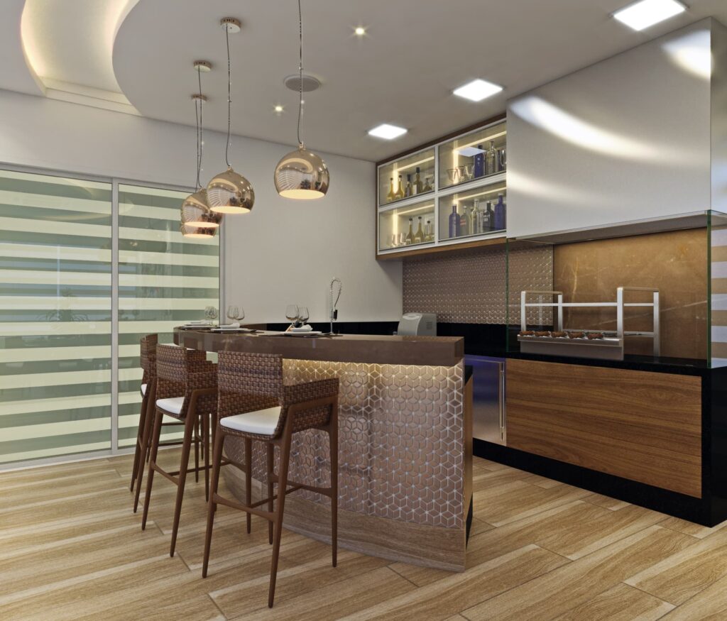 Área Gourmet Clara com Iluminação Dourada