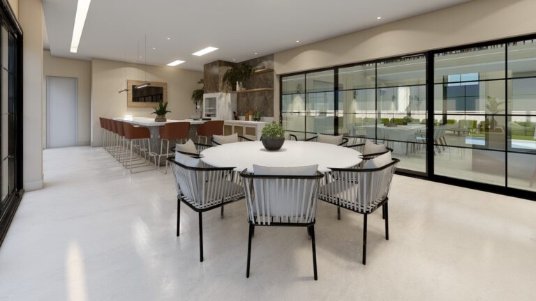 Área Gourmet com Bancada de Mármore Branco no Estilo Neoclássico