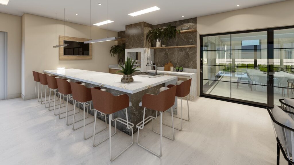 Área Gourmet com Bancada de Mármore Branco no Estilo Neoclássico