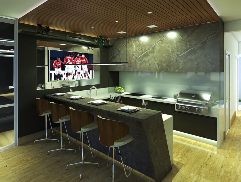 Área Gourmet com Bancada de Mármore e Acabamento Neoclássico