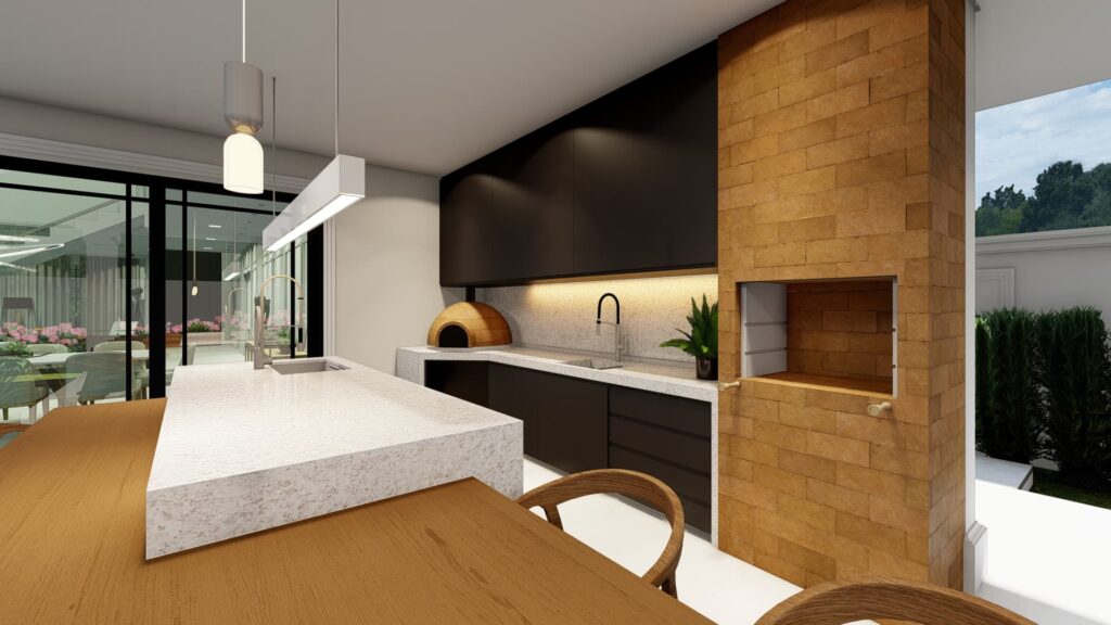 Área Gourmet com Iluminação Sofisticada e Bancada em Mármore