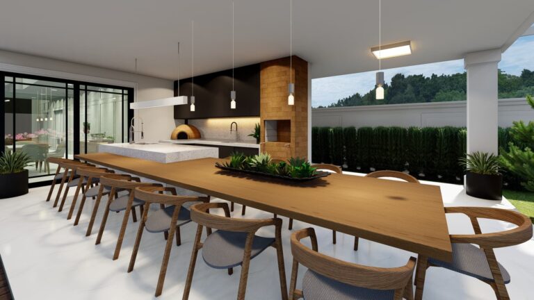 Área Gourmet com Iluminação Sofisticada e Bancada em Mármore