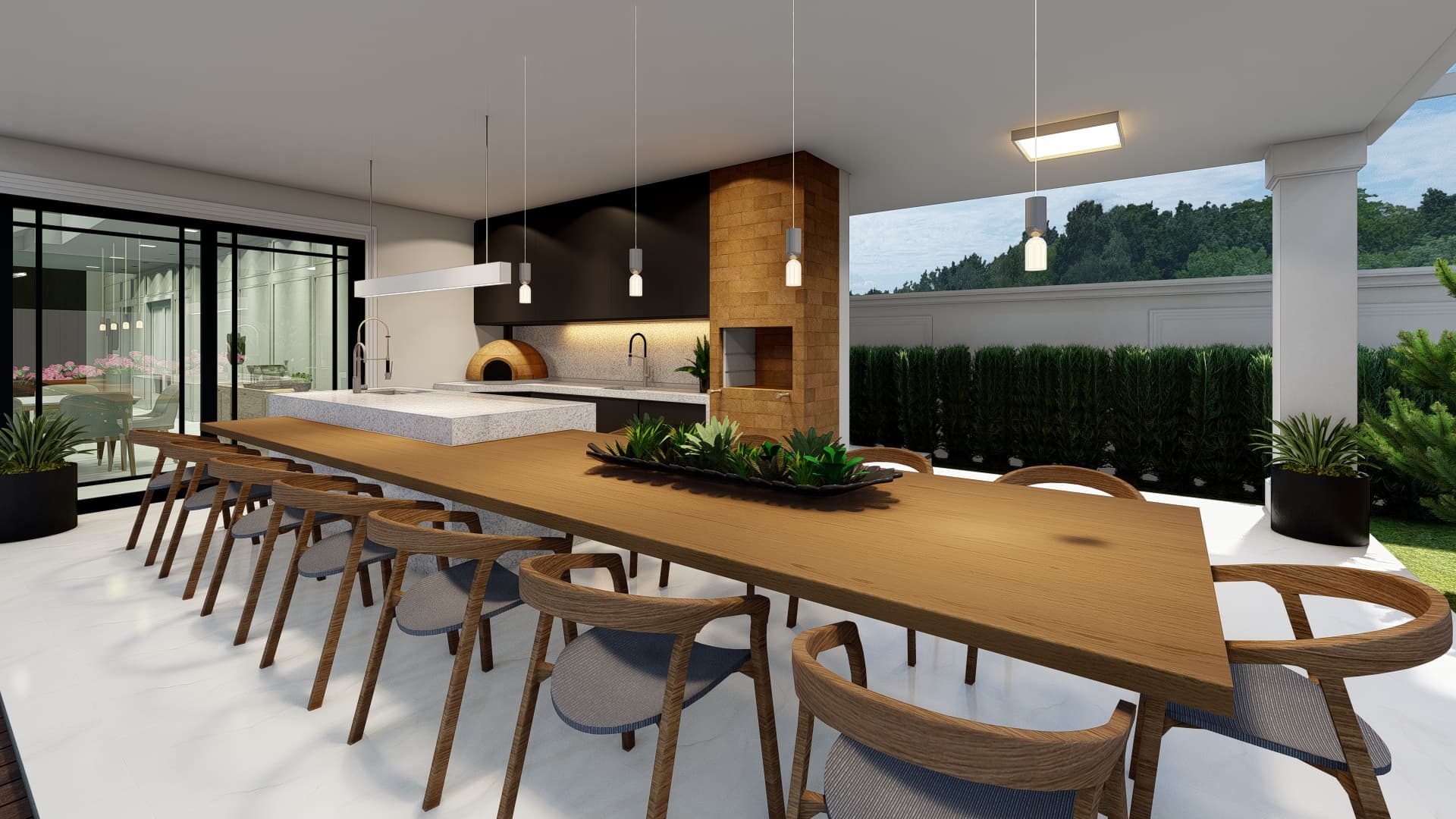 Área Gourmet com Iluminação Sofisticada e Bancada em Mármore