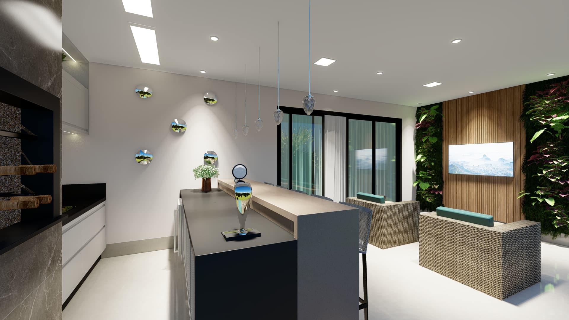Área Gourmet com Luminárias Pendentes no Estilo Neoclássico