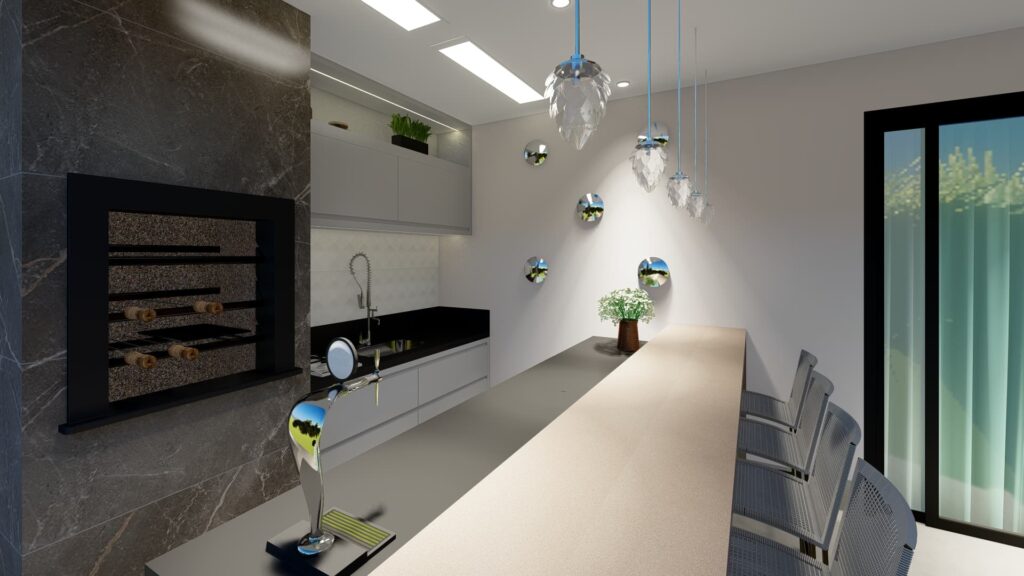 Área Gourmet com Luminárias Pendentes no Estilo Neoclássico