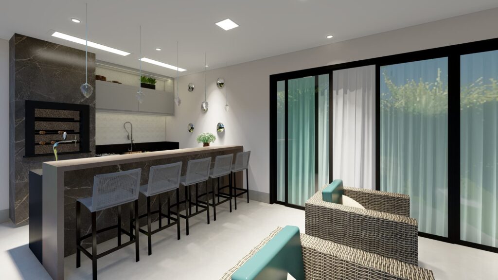 Área Gourmet com Luminárias Pendentes no Estilo Neoclássico