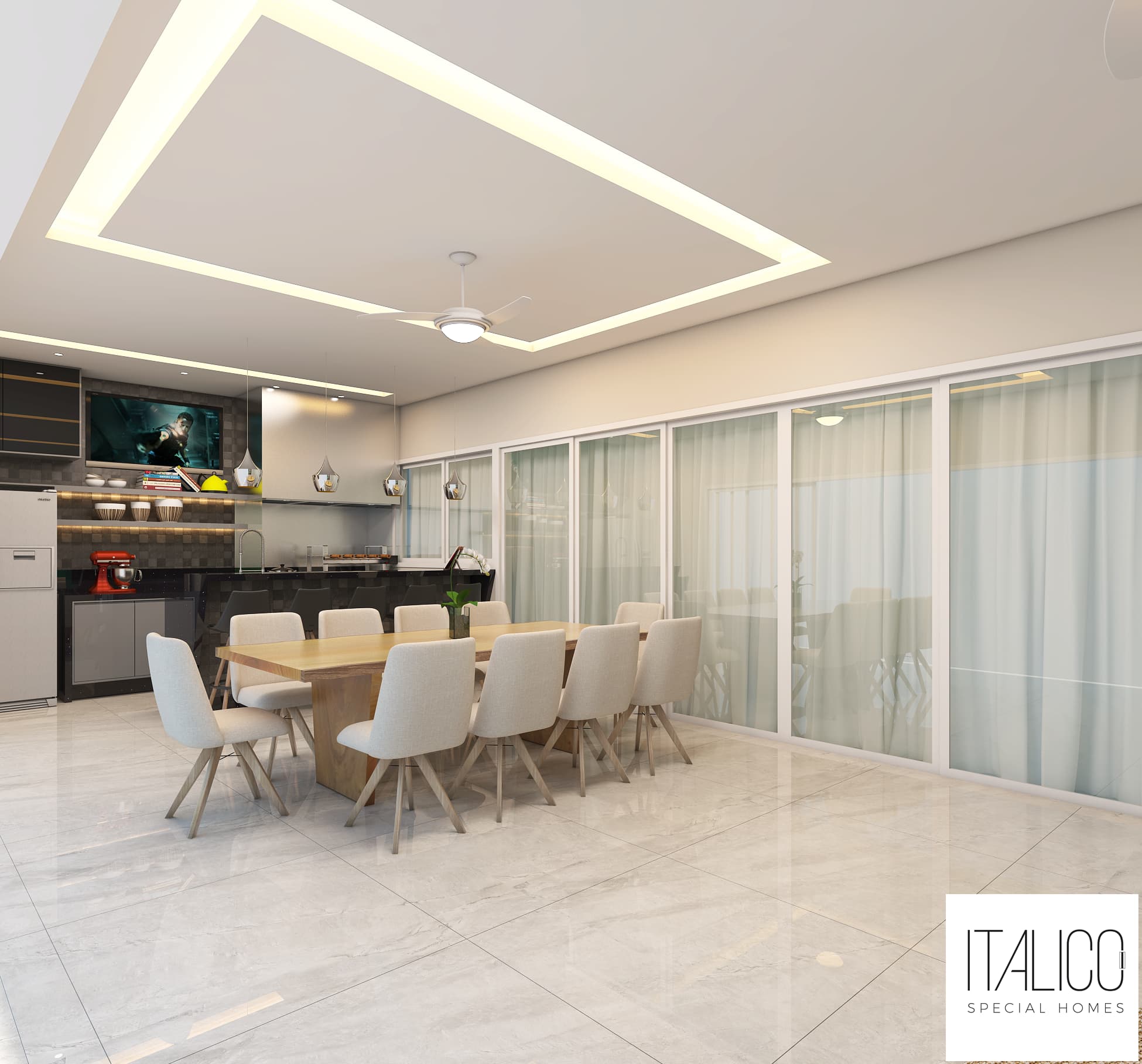 Área Gourmet Estilo Neoclássico com Luminárias Pendentes