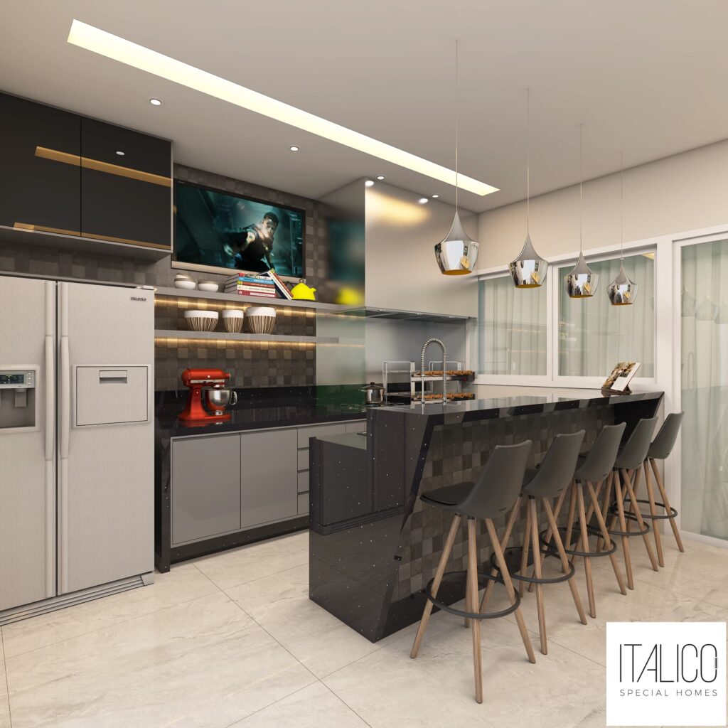 Área Gourmet Estilo Neoclássico com Luminárias Pendentes