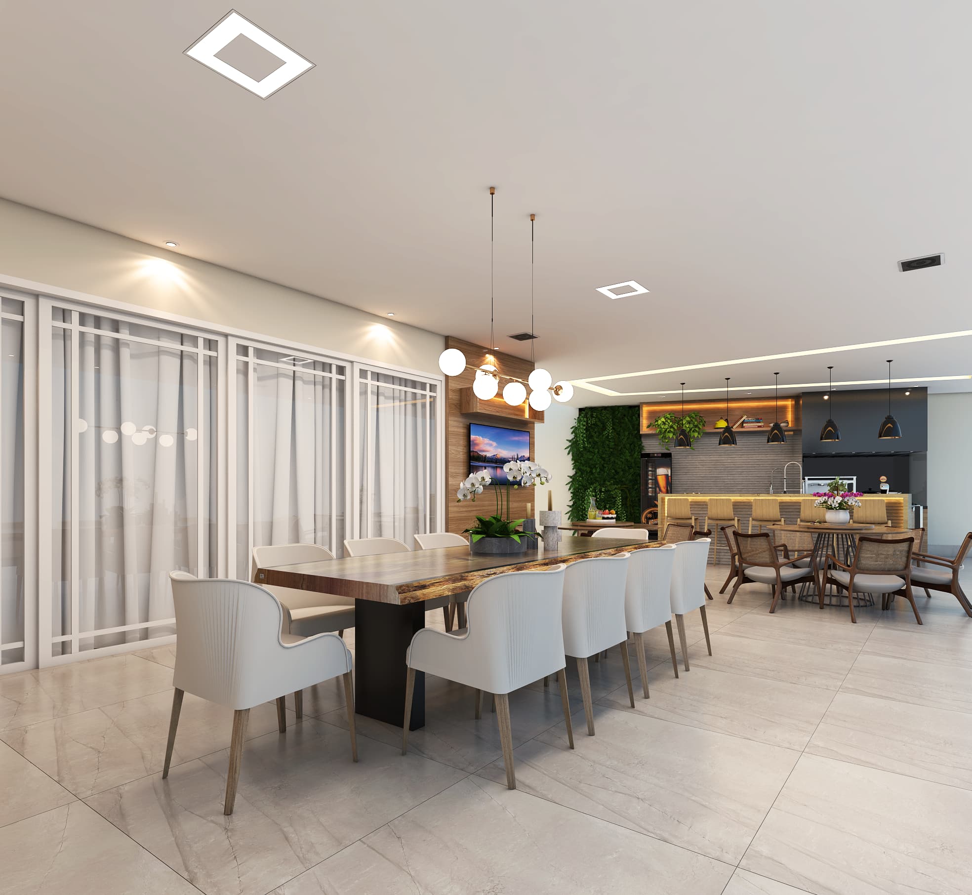 Área Gourmet Neoclássica com Iluminação Sofisticada