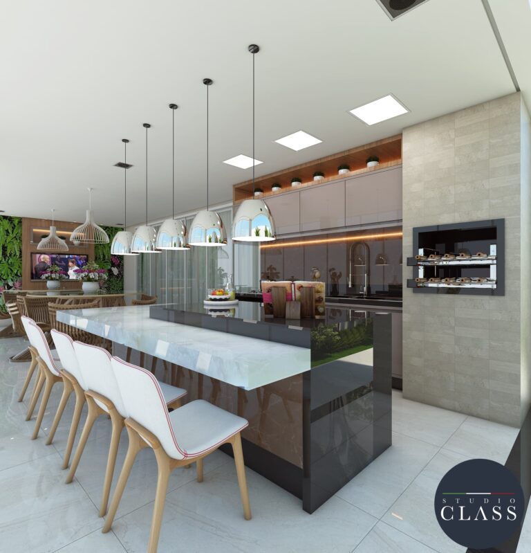 Área Gourmet Neoclássica com Mármore e Luminárias Pendentes