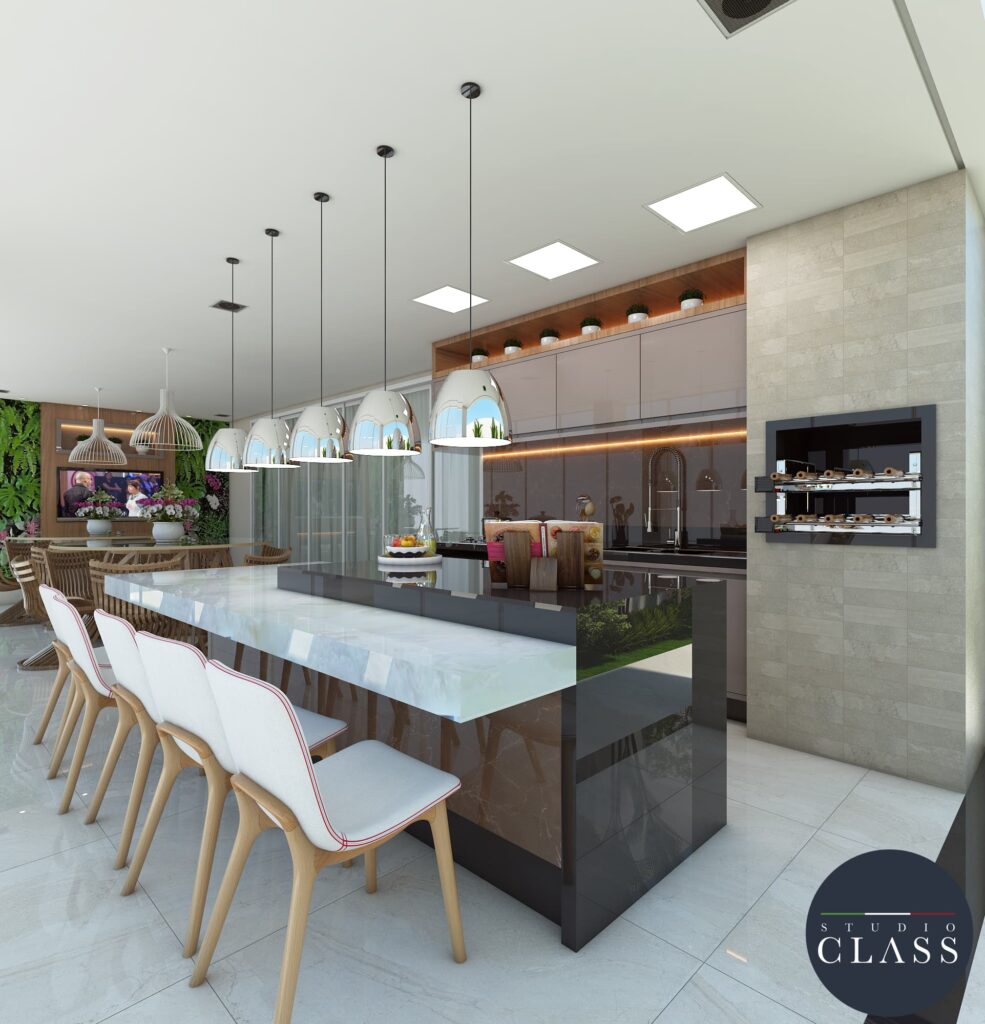 Área Gourmet Neoclássica com Mármore e Luminárias Pendentes