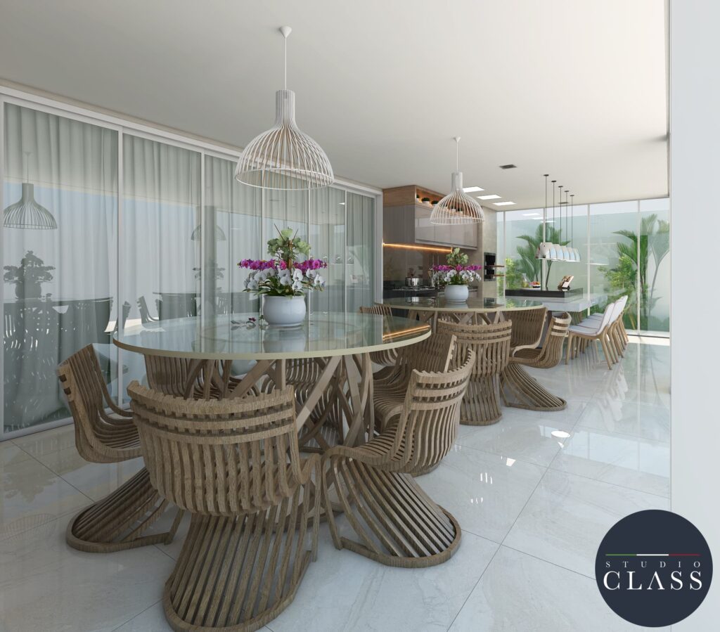 Área Gourmet Neoclássica com Mármore e Luminárias Pendentes