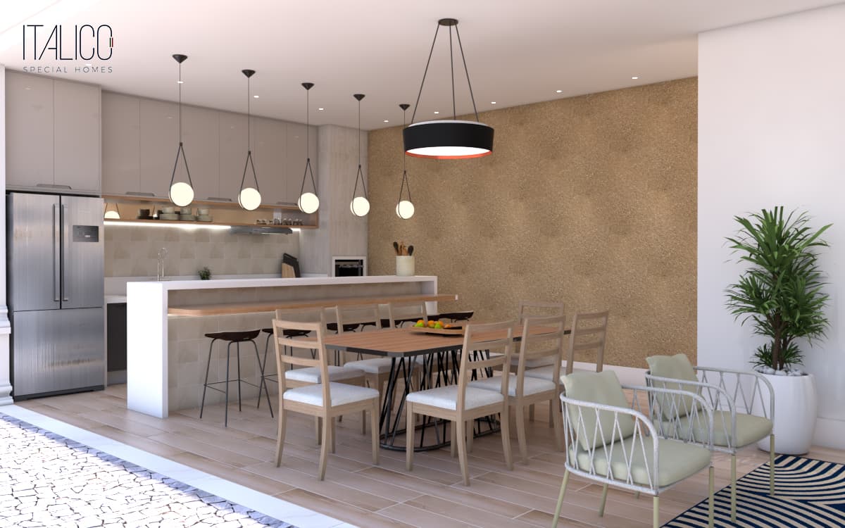 Área Gourmet Neoclássica Sofisticada com Luminárias Pendentes