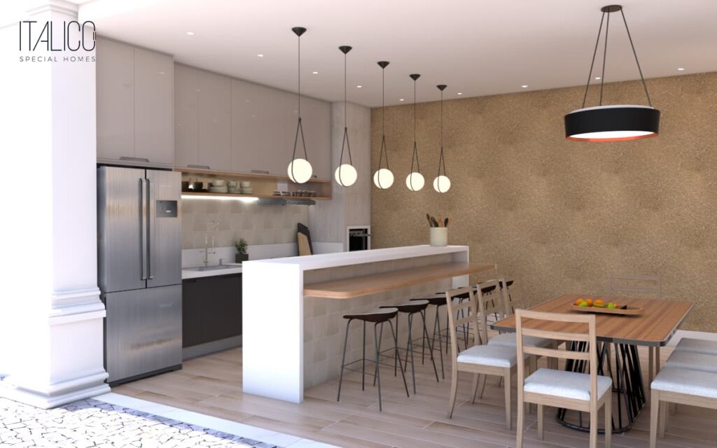 Área Gourmet Neoclássica Sofisticada com Luminárias Pendentes