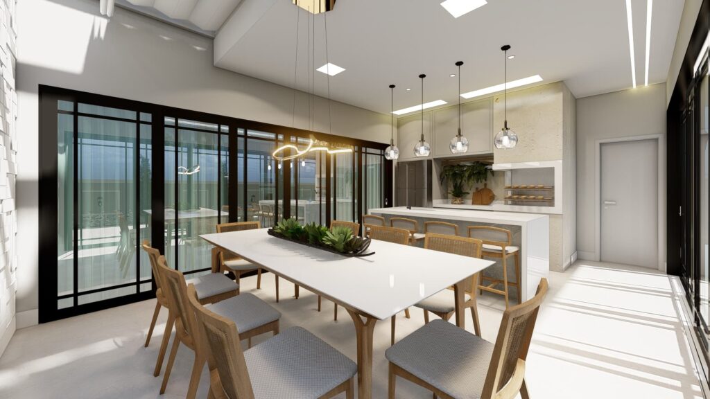 Área Gourmet Sofisticada com Mármore Branco e Pendentes