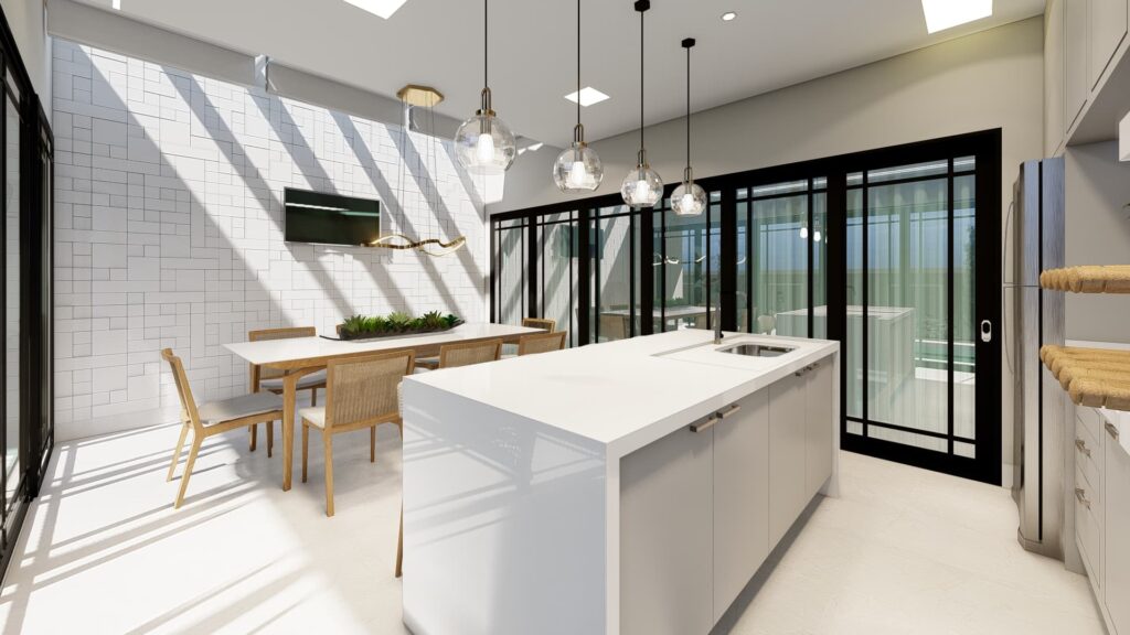 Área Gourmet Sofisticada com Mármore Branco e Pendentes