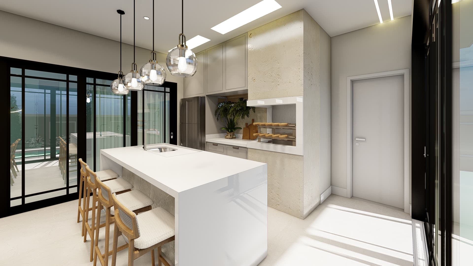 Área Gourmet Sofisticada com Mármore Branco e Pendentes