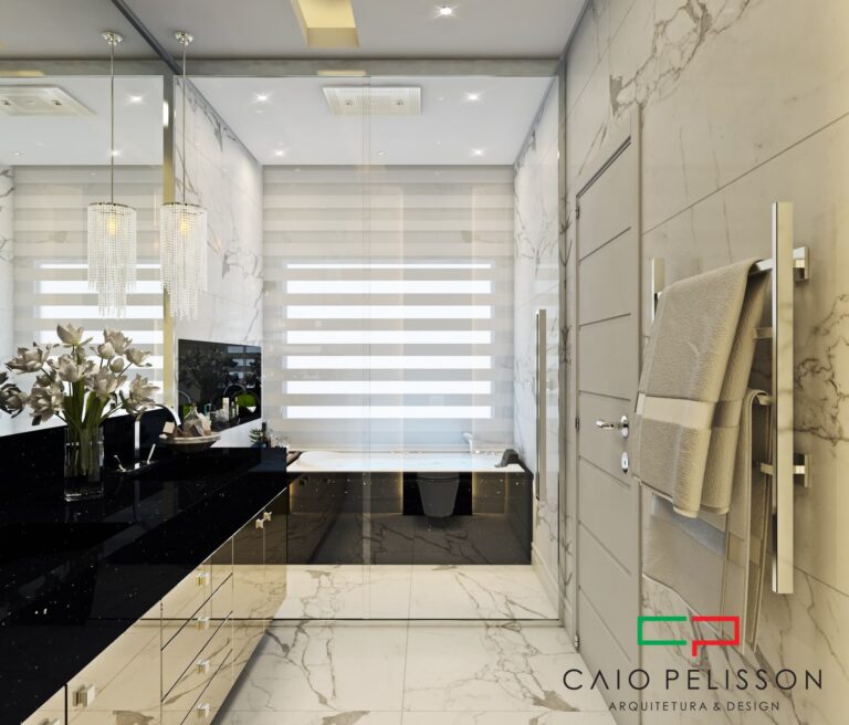 Banheiro com Mármore e Luminárias de Luxo