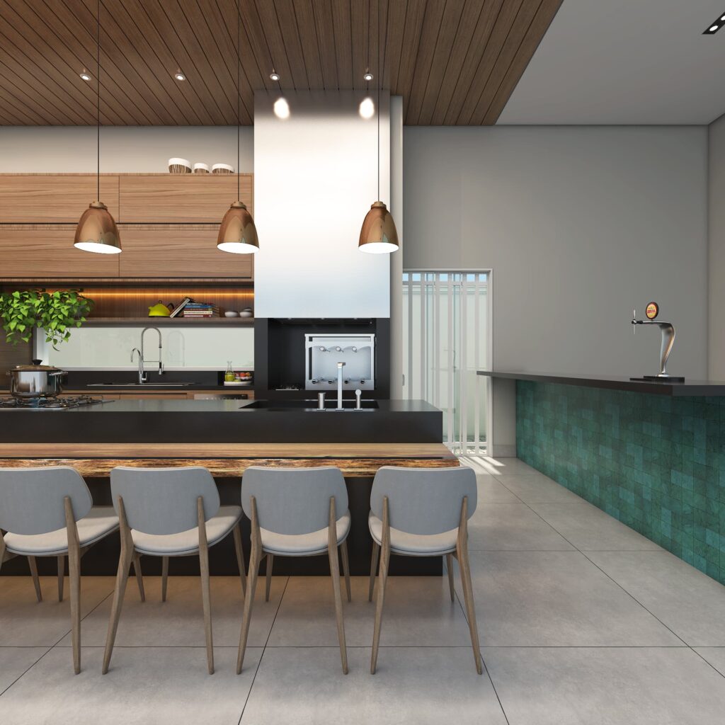 Espaço Gourmet Neoclássico com Iluminação e Detalhes Refinados