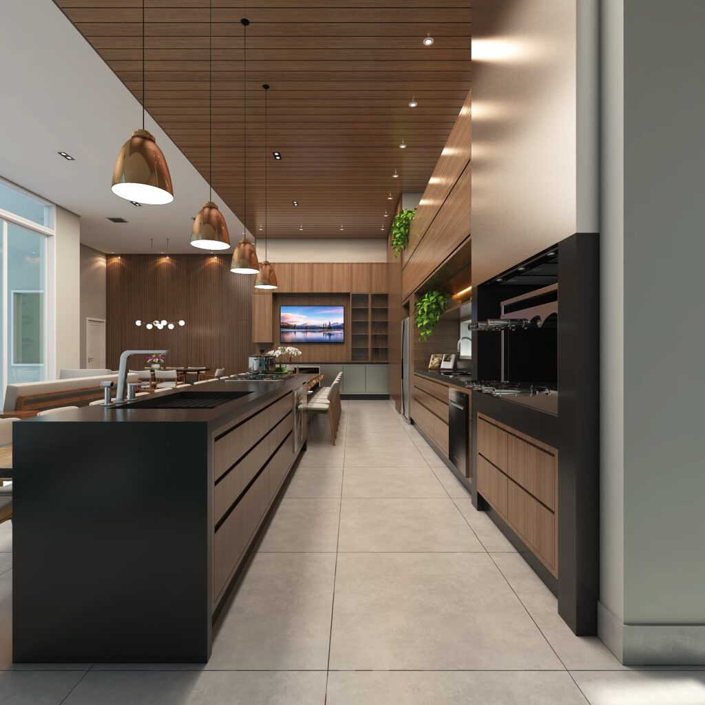 Espaço Gourmet Neoclássico com Iluminação e Detalhes Refinados