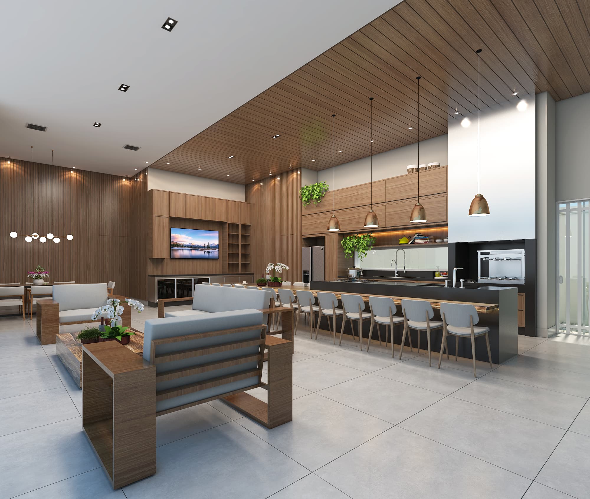 Espaço Gourmet Neoclássico com Iluminação e Detalhes Refinados