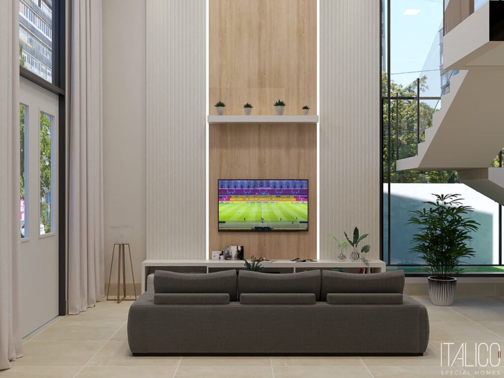 Sala com Painel com LED e Arandelas Decorativas