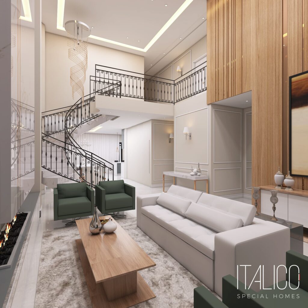 Sala com Pé Direito Alto e Lareira em Mármore