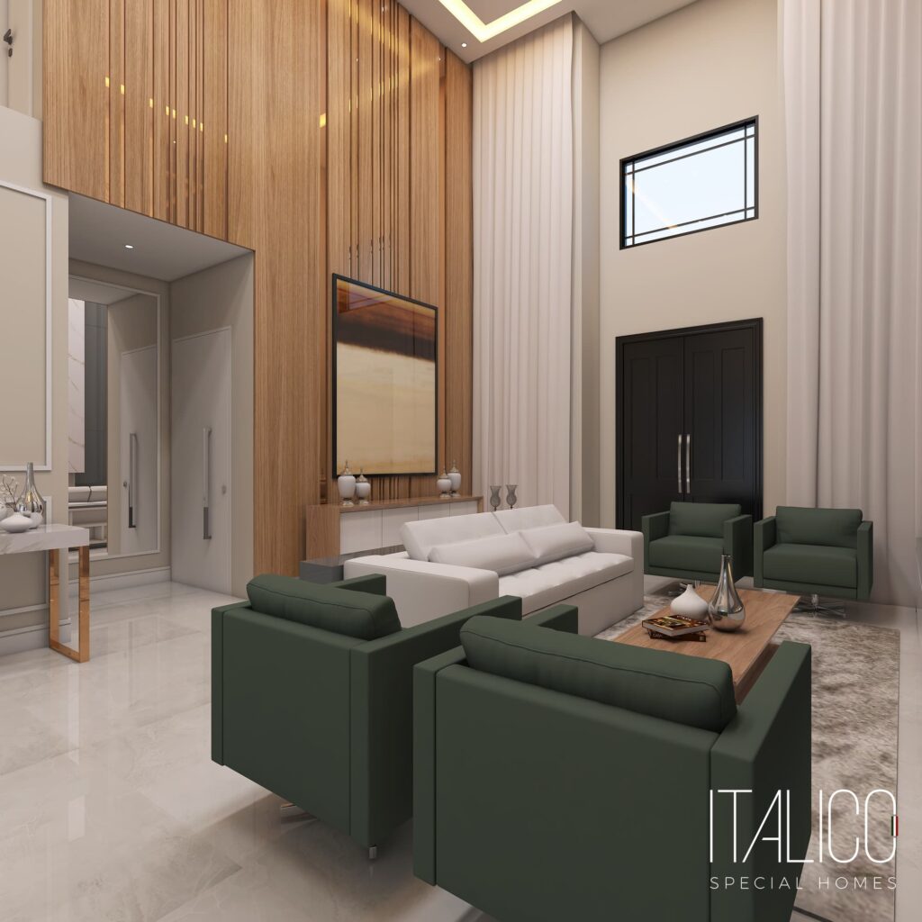 Sala com Pé Direito Alto e Lareira em Mármore