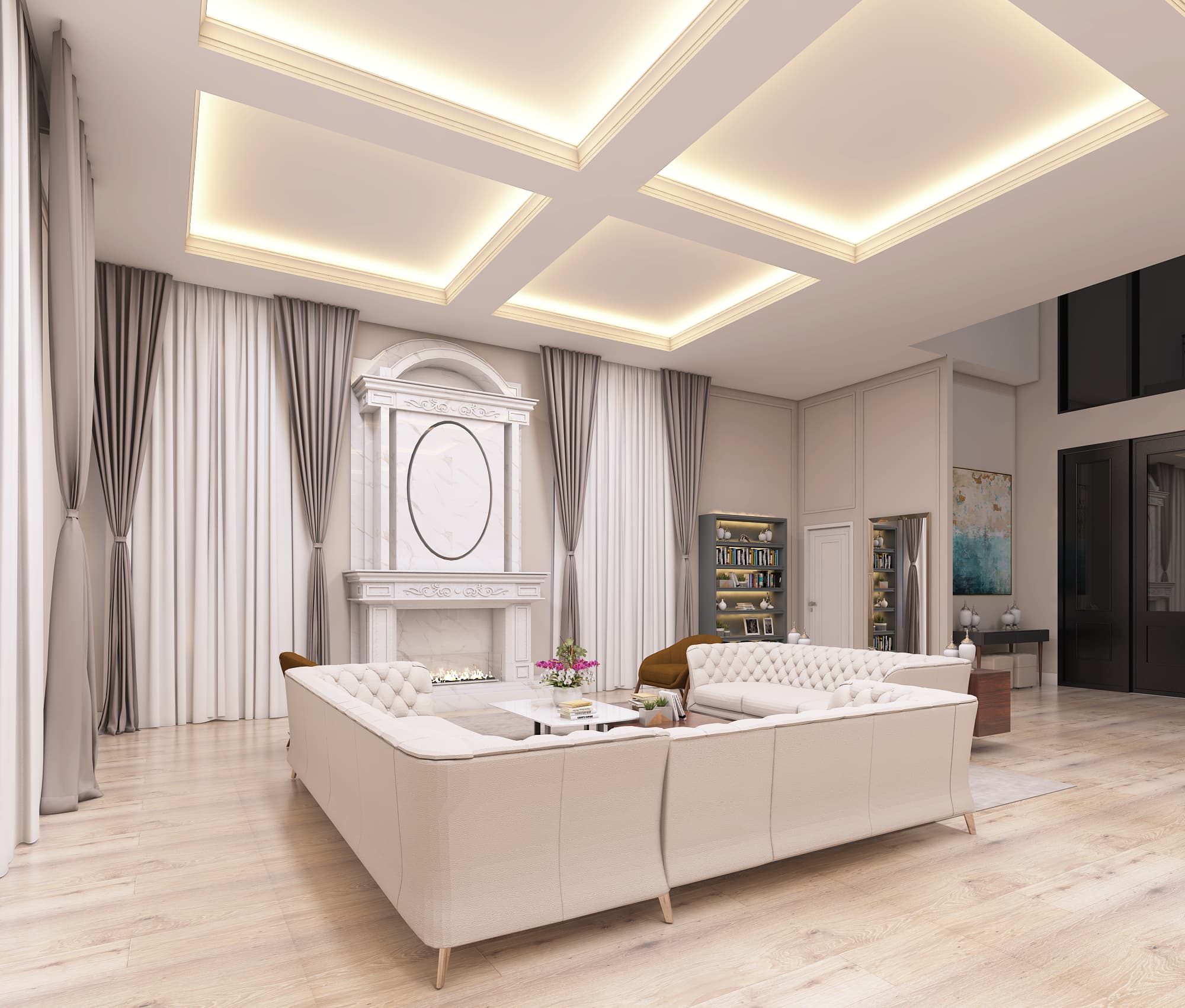 Sala Neoclássica com Luz Embutida e Lareira em Mármore
