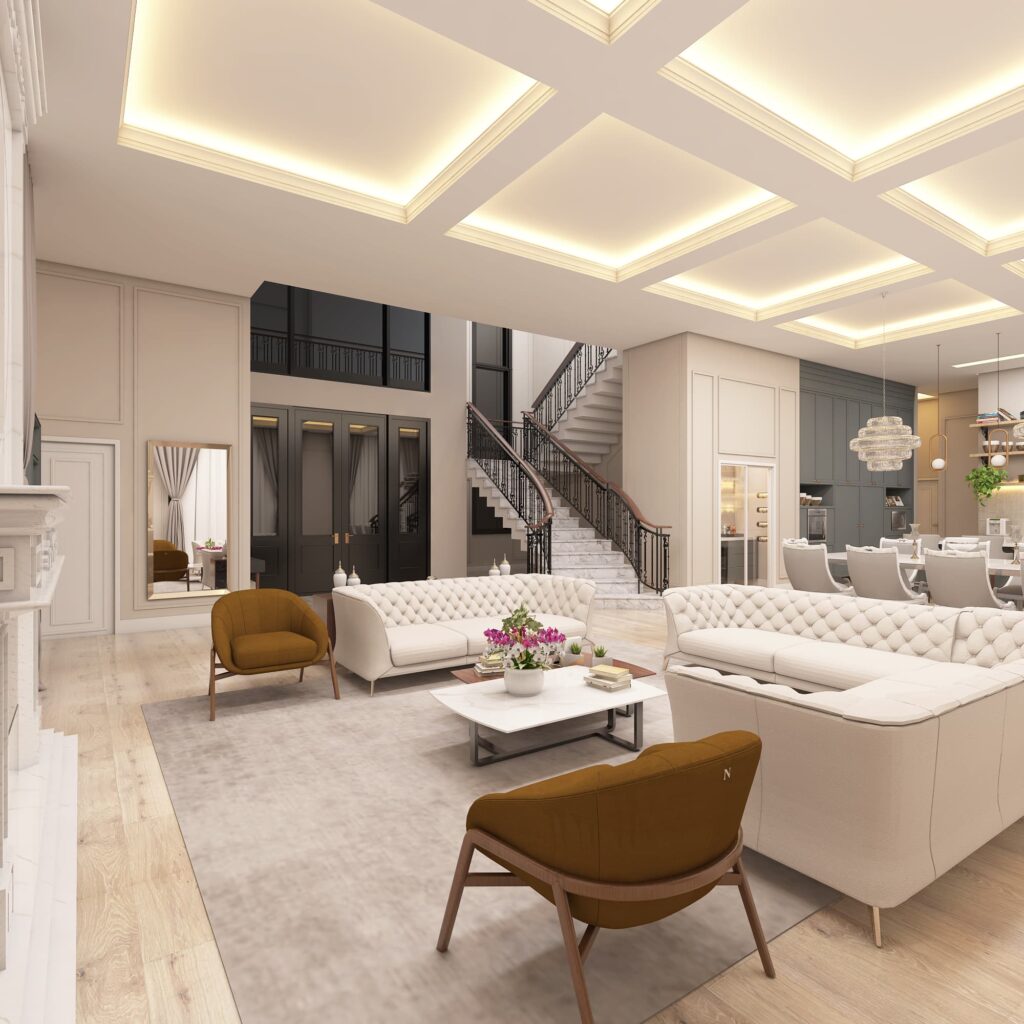 Sala Neoclássica com Luz Embutida e Lareira em Mármore