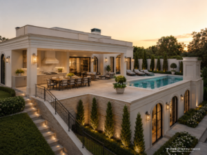 Área gourmet social de casa clássica em terreno em declive, com piscina, terraço elevado e acesso por escadas.