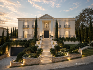 Casa clássica em ladeira com fachada simétrica, escadaria frontal, jardins em patamares e garagem no embasamento.
